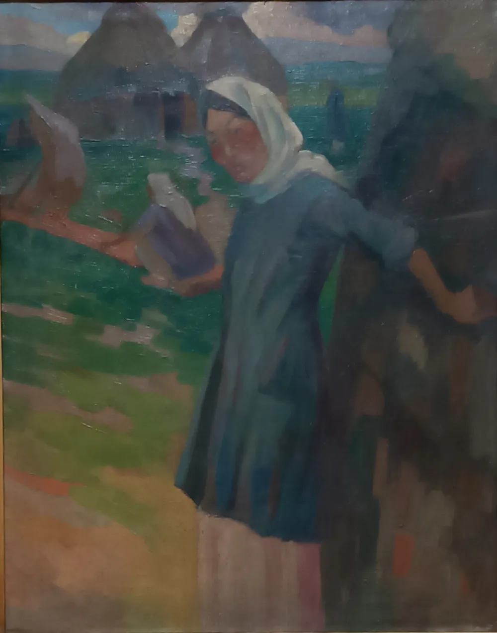 Женщина в платке стоит у юрты на картине Владимира Образцова начала 1930-х годов