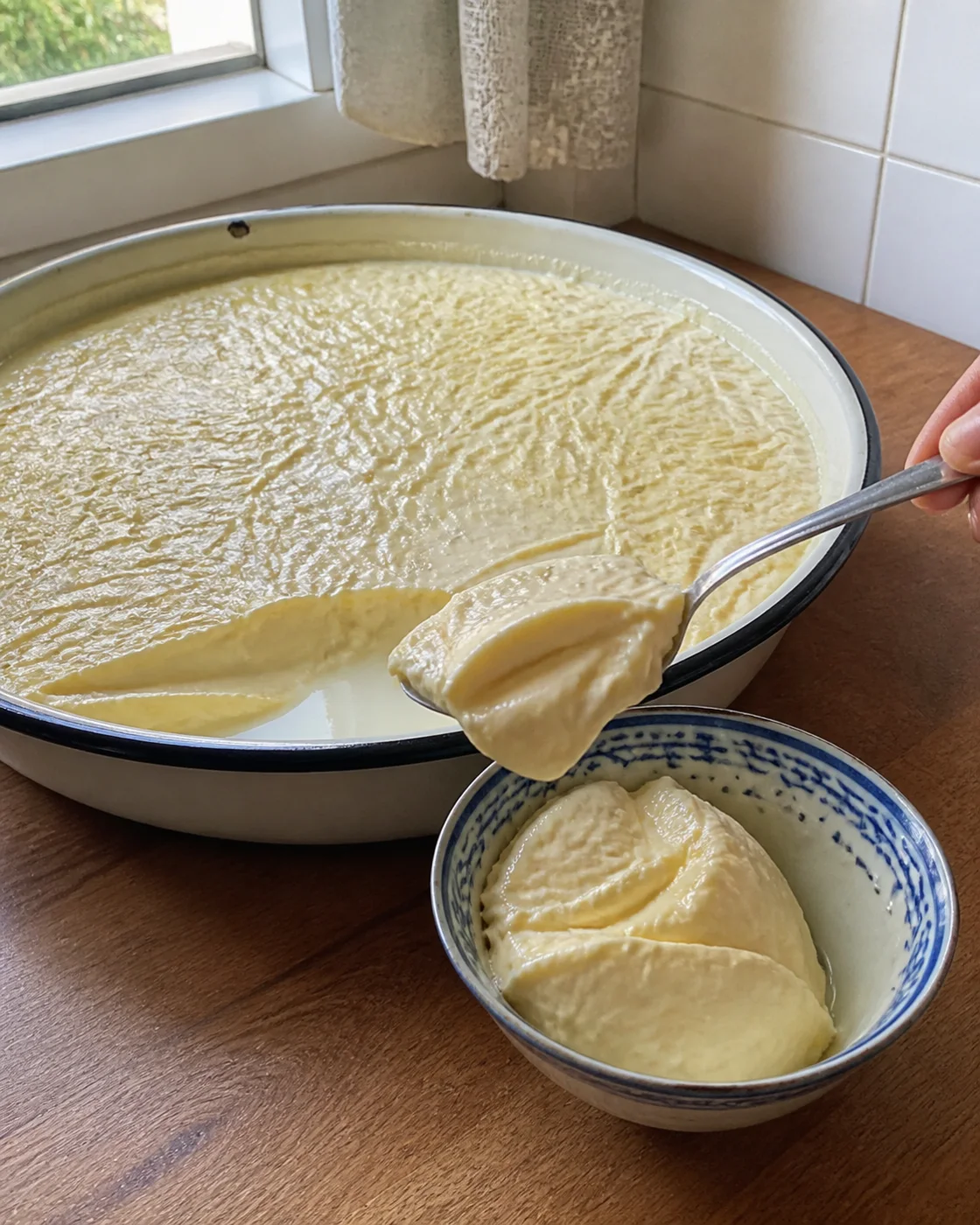 Ложка снимает плотный сливочный слой каймака с широкой эмалированной формы
