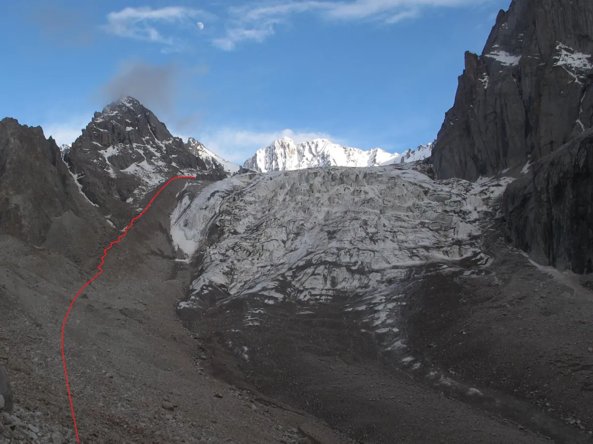 Cascade de glace d’Ak-Sai et ligne de progression indiquée sur les éboulis voisins