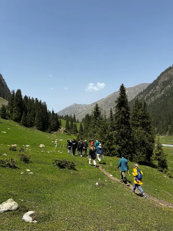 Altın-Araşan’da yeşil yamaçta yürüyen turist grubu