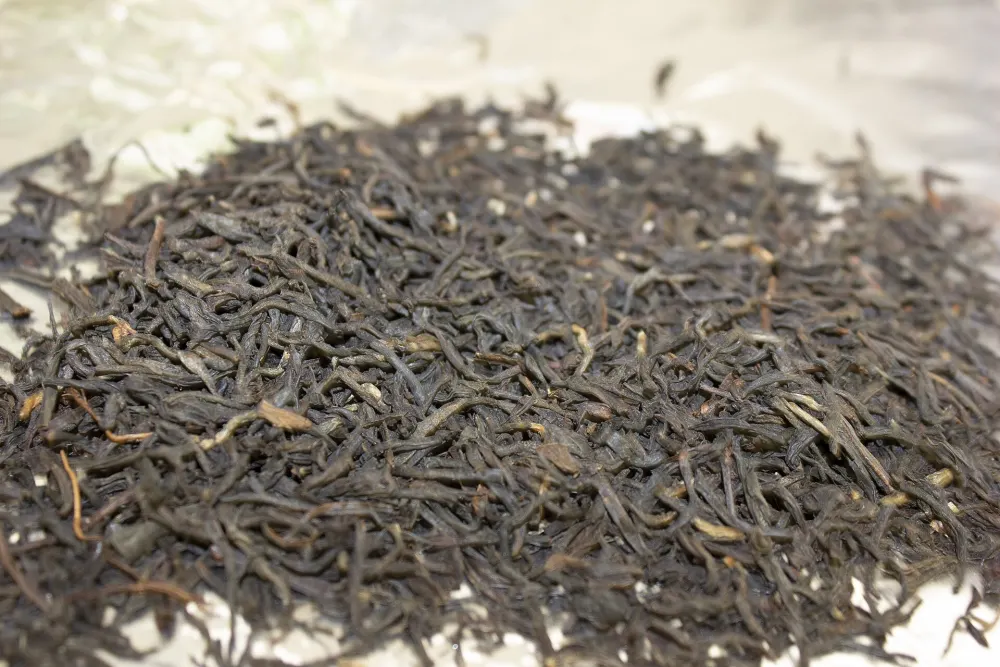 Gros plan de feuilles sèches de thé noir Assam sur un fond clair